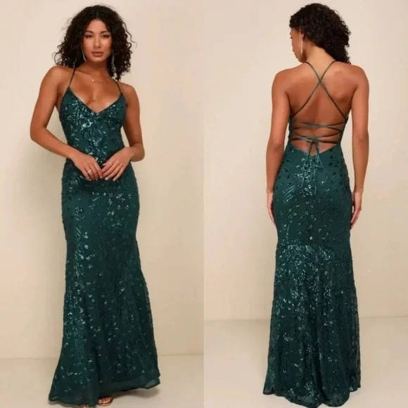 chinese dress ladies Forest Green Lace Long Dress With V Neck And Lace Up Open Back
